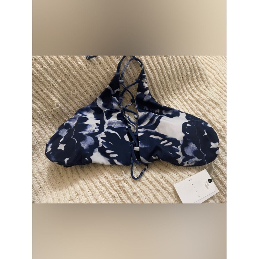Leith Navy and White Lace-Up Bikini Top